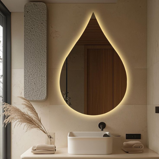 LED-backlit teardrop-shaped mirror,